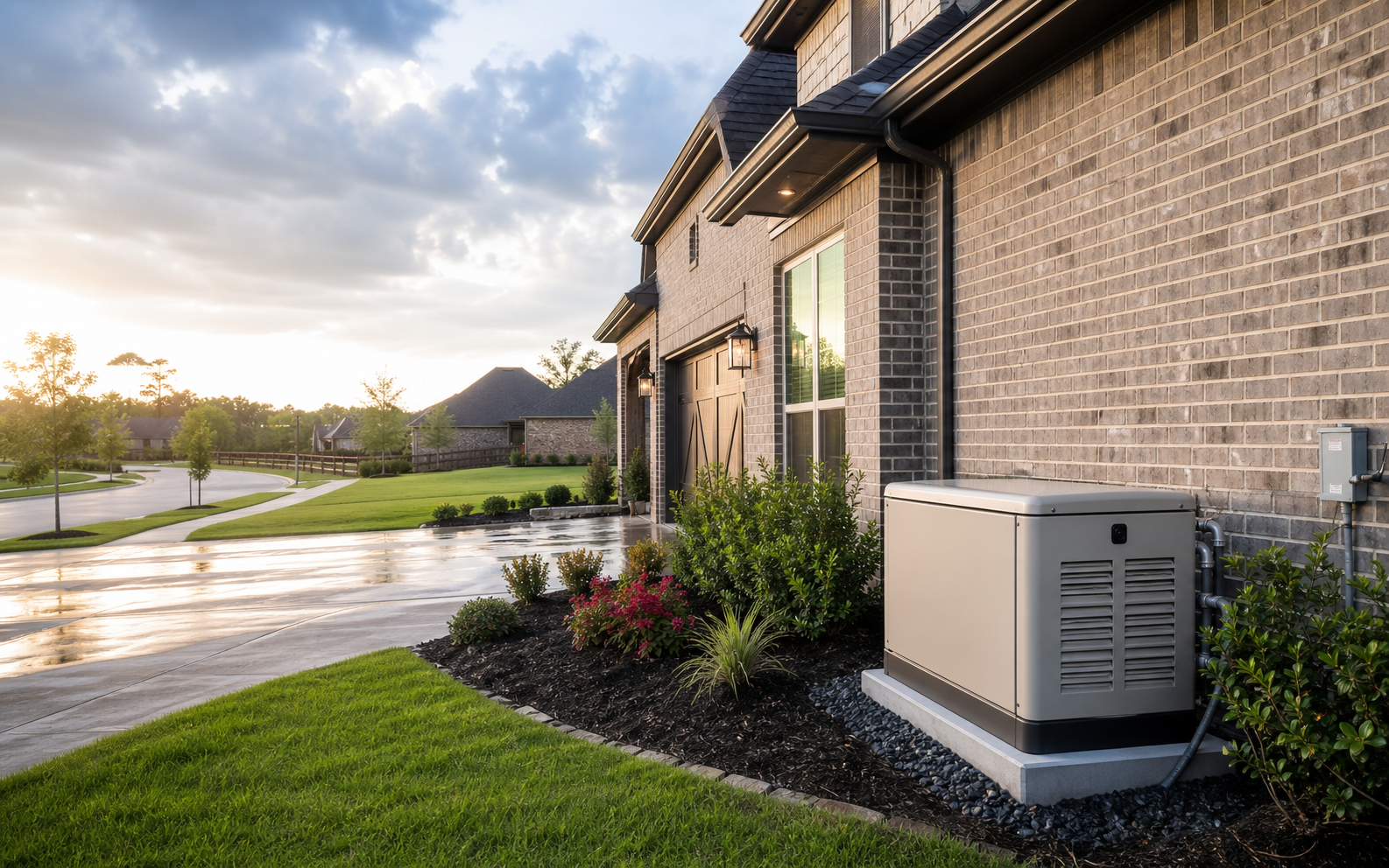Standby generator installed beside a brick home after rain